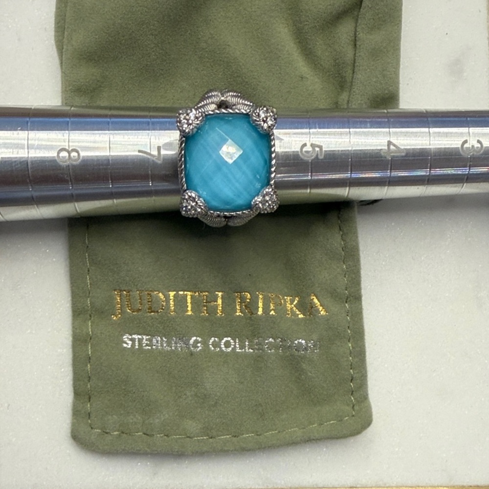 Judith Ripka Sterling Silver Turquoise Doublet Monaco Ring w/Diamonique CZ size6